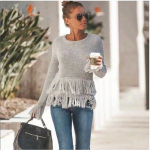 Vici Boho Style Let Loose Grey Fringe Sweater